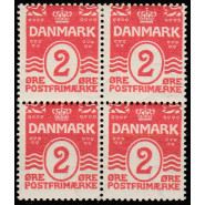 DK 0043bv Postfrisk/ustemplet 2 øre i 4-blok m. 3 gode varianter